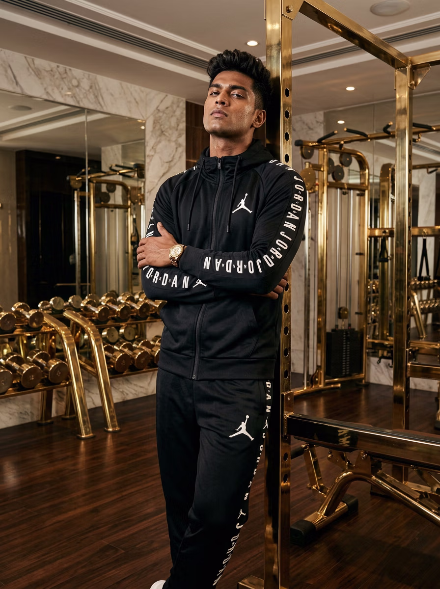 Active Wear AI virtual try-on — Gym Track Pant T-Shirt Activewear Men Track fashion model photoshoot by VERA Fashion AI