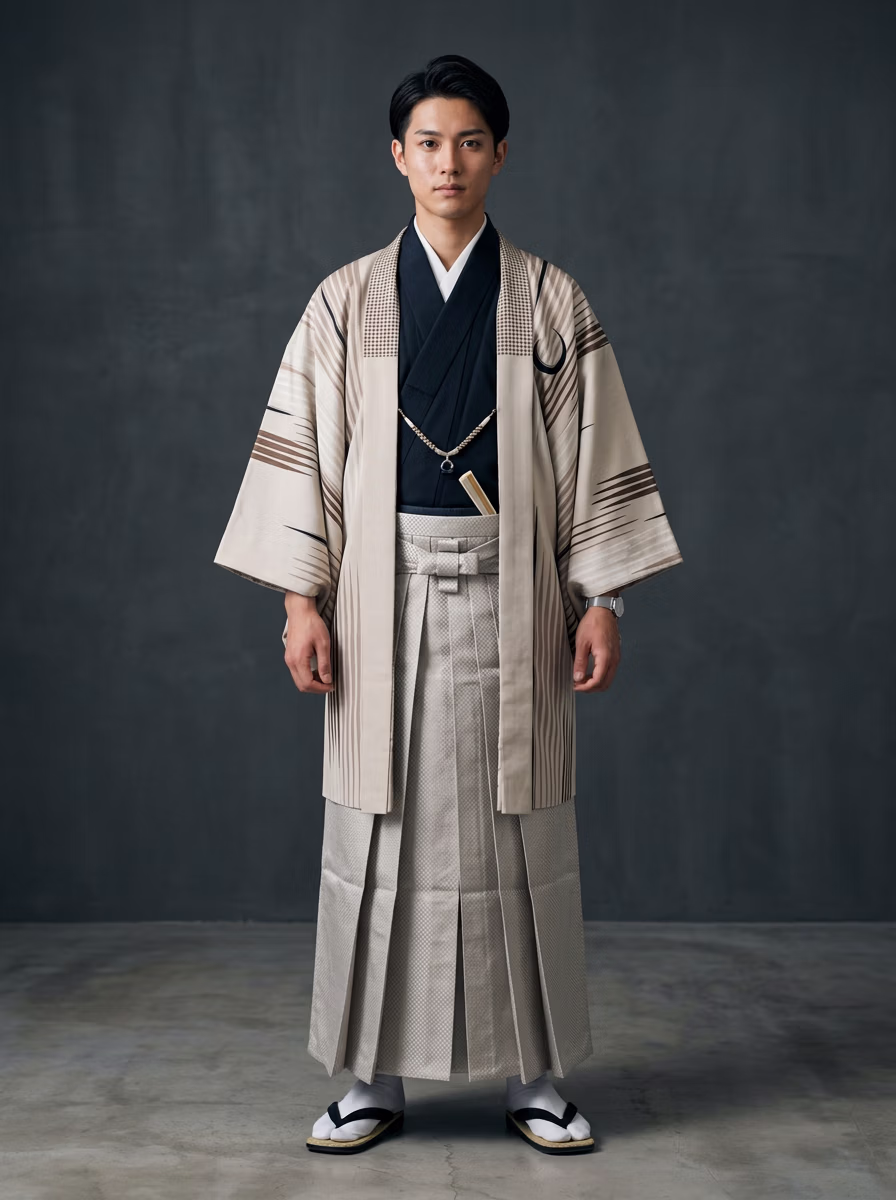 East Asian Hakama 袴 AI virtual try-on — Hakama 袴 Man fashion model photoshoot by VERA Fashion AI