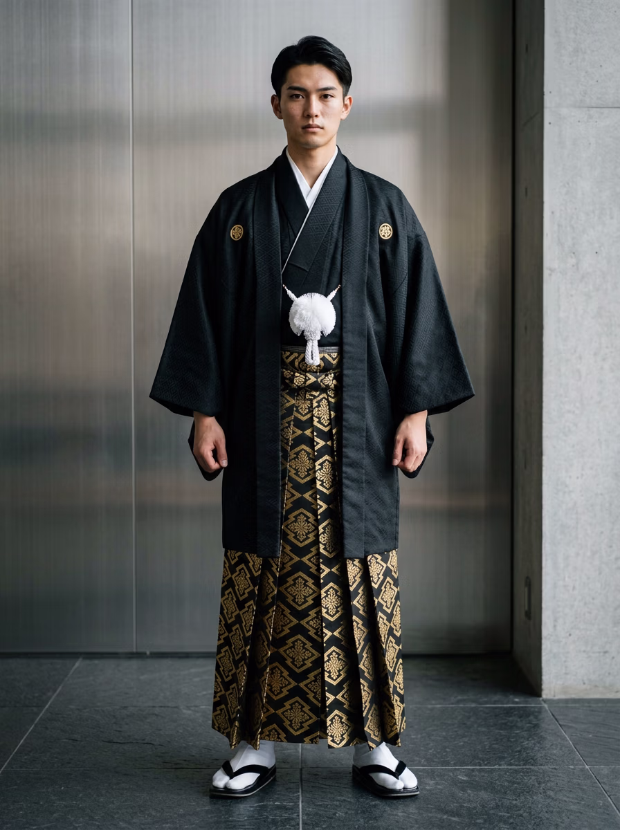East Asian Hakama 袴 AI virtual try-on — Hakama 袴 Man fashion model photoshoot by VERA Fashion AI