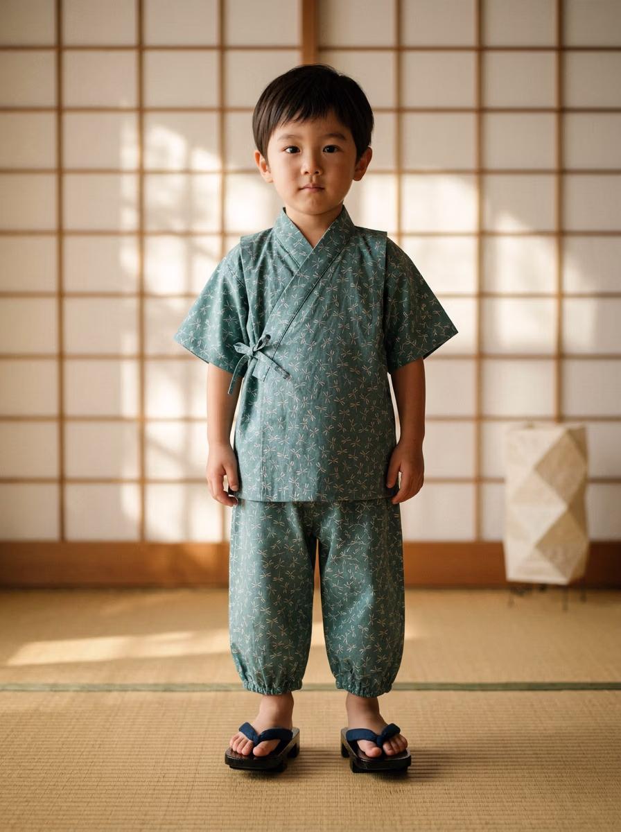 East Asian Jinbei 甚平 AI virtual try-on — Jinbei 甚平 Kids fashion model photoshoot by VERA Fashion AI