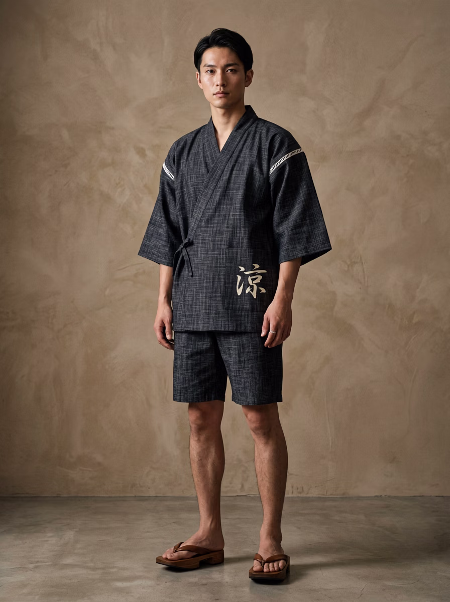 East Asian Jinbei 甚平 AI virtual try-on — Jinbei 甚平 Man fashion model photoshoot by VERA Fashion AI