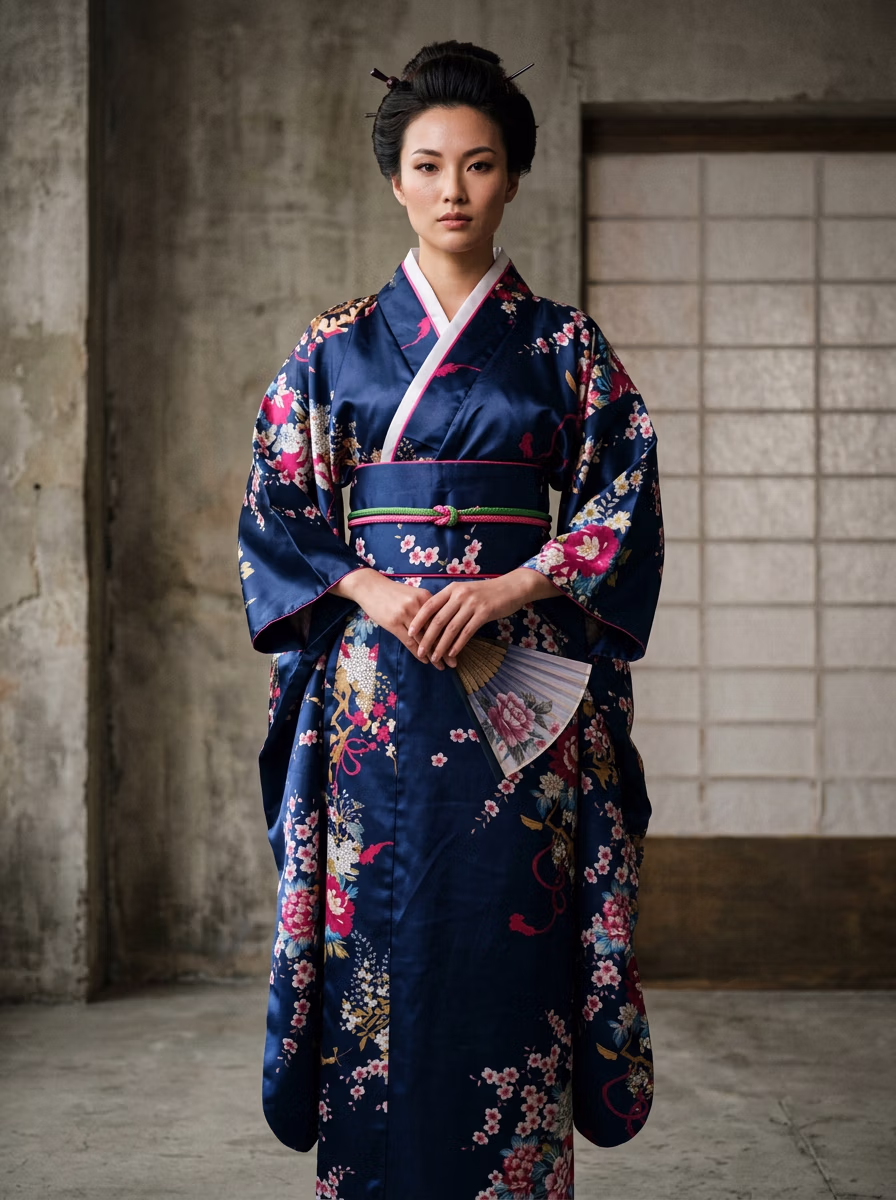 East Asian Kimono AI virtual try-on — Kimono 着物 fashion model photoshoot by VERA Fashion AI