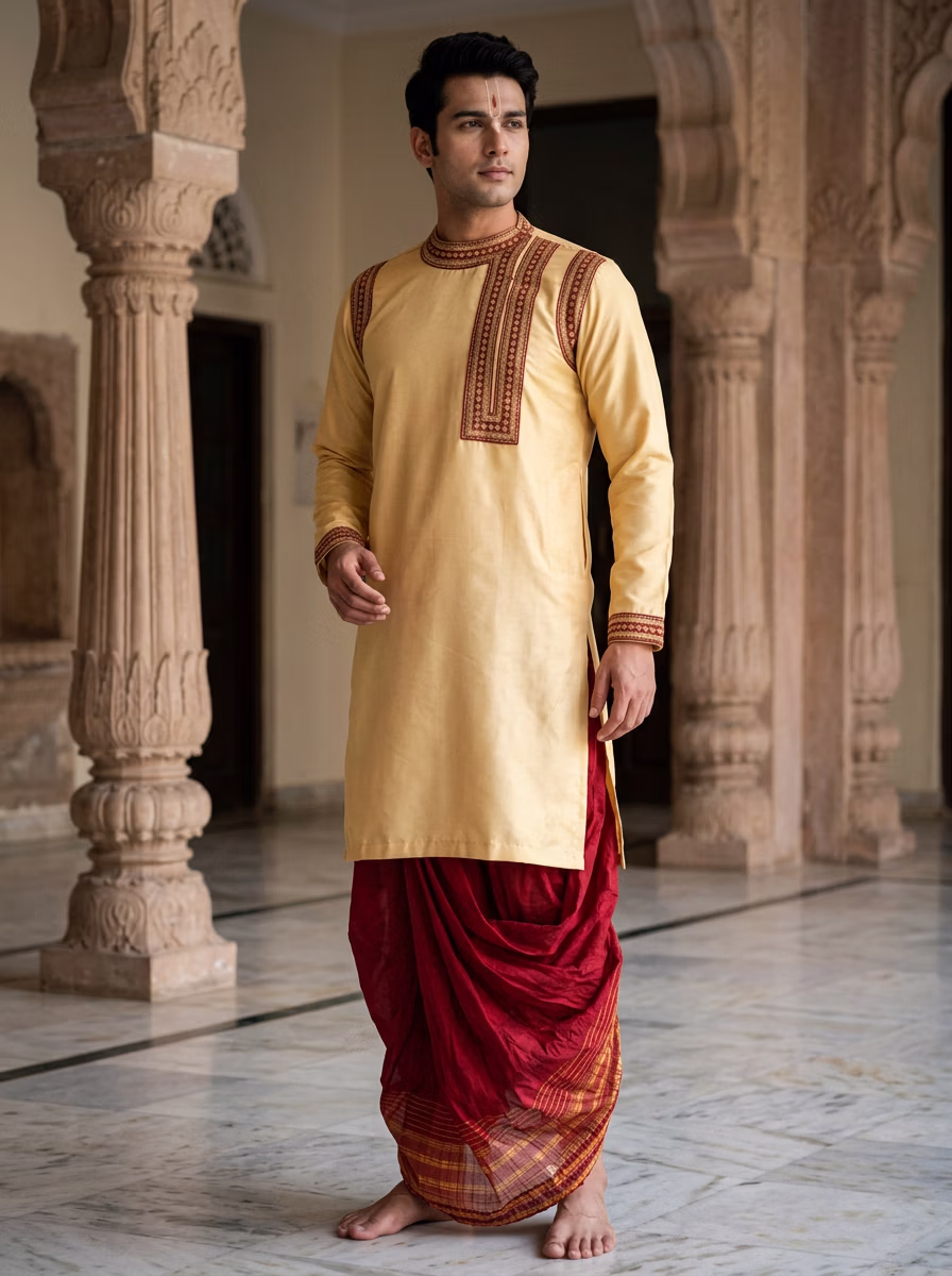 Indian Men's Kurta Lungi AI virtual try-on — Kurta Dhoti Indian Traditiona Mens fashion model photoshoot by VERA Fashion AI