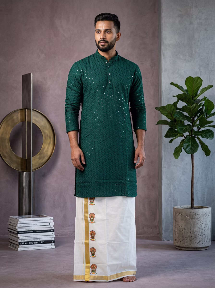 Indian Men's Kurta Lungi AI virtual try-on — Kurta Lungi Indian Traditiona Mens fashion model photoshoot by VERA Fashion AI