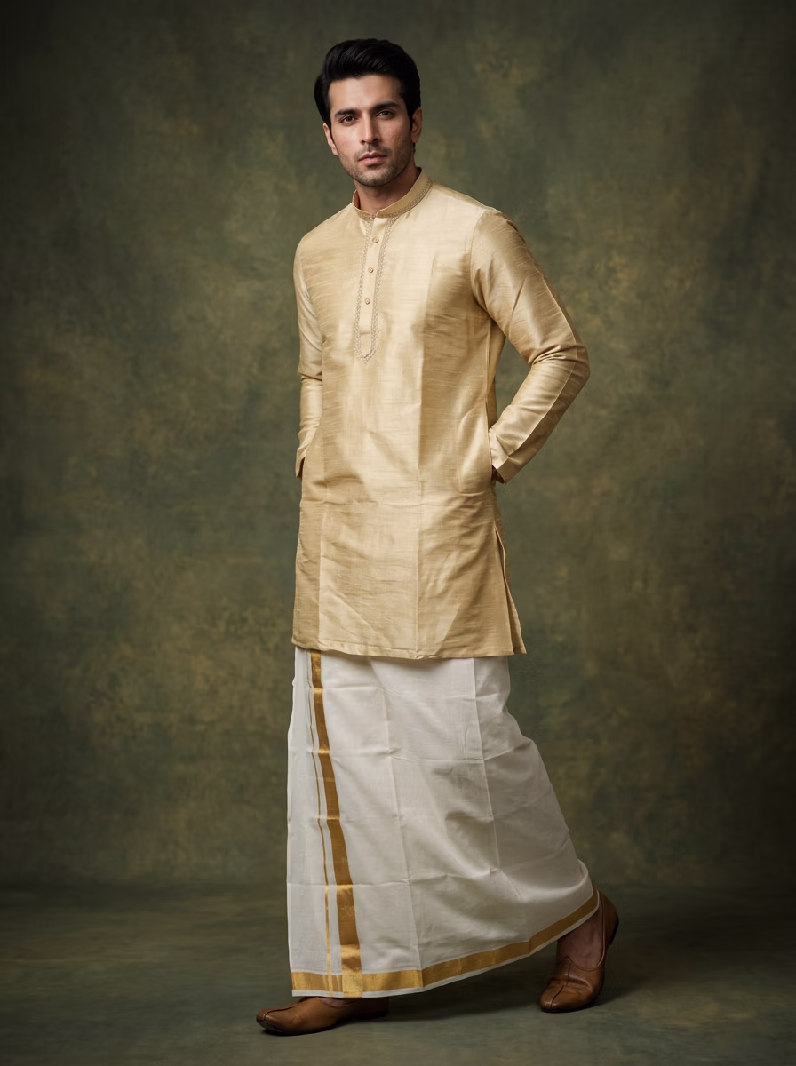 Indian Men's Kurta Lungi AI virtual try-on — Kurta Lungi Indian Traditiona Mens fashion model photoshoot by VERA Fashion AI