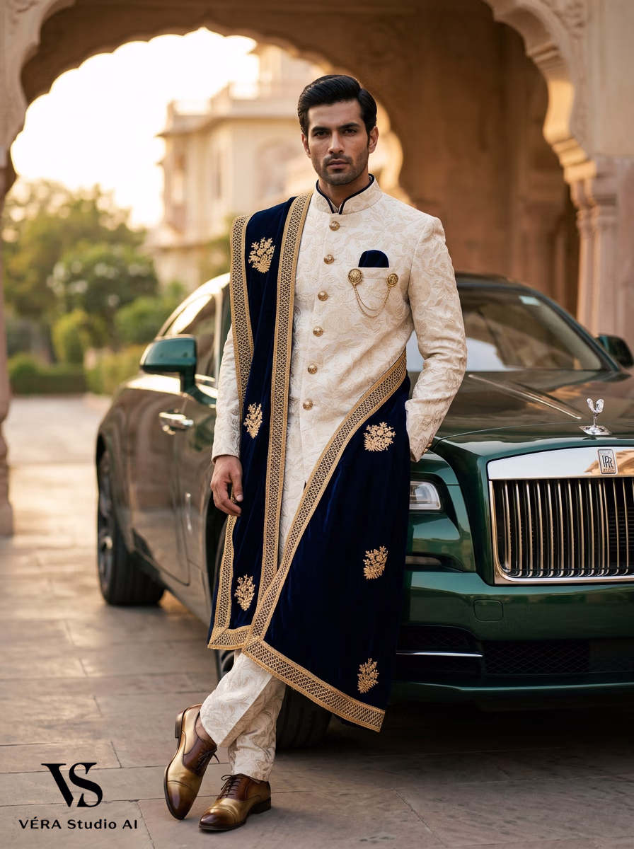 Indian Men's Sherwani AI virtual try-on — Sherwani Indian Ethnic Traditional Men fashion model photoshoot by VERA Fashion AI