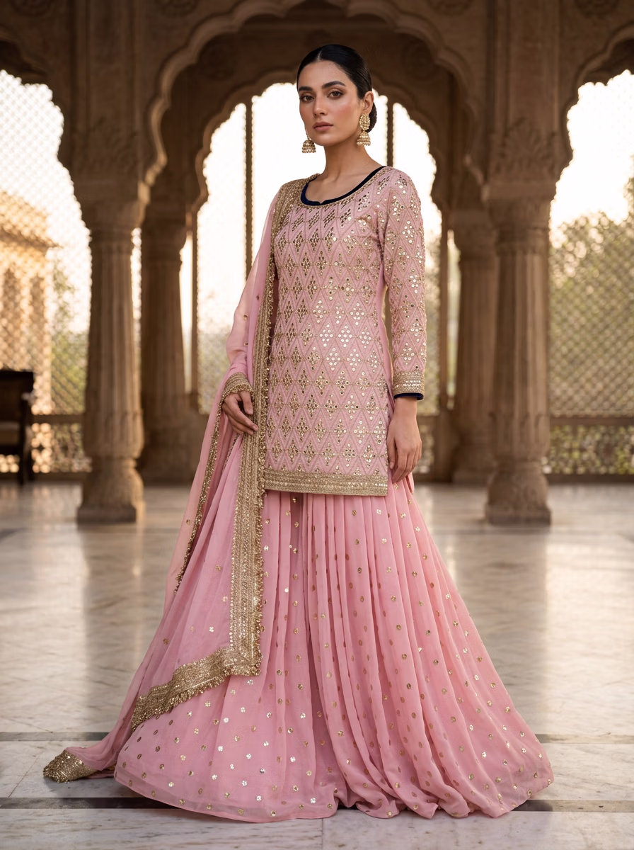 Indian Women's Sharara Garara AI virtual try-on — Sarara Gararra Indian Pakistani Tradtional fashion model photoshoot by VERA Fashion AI