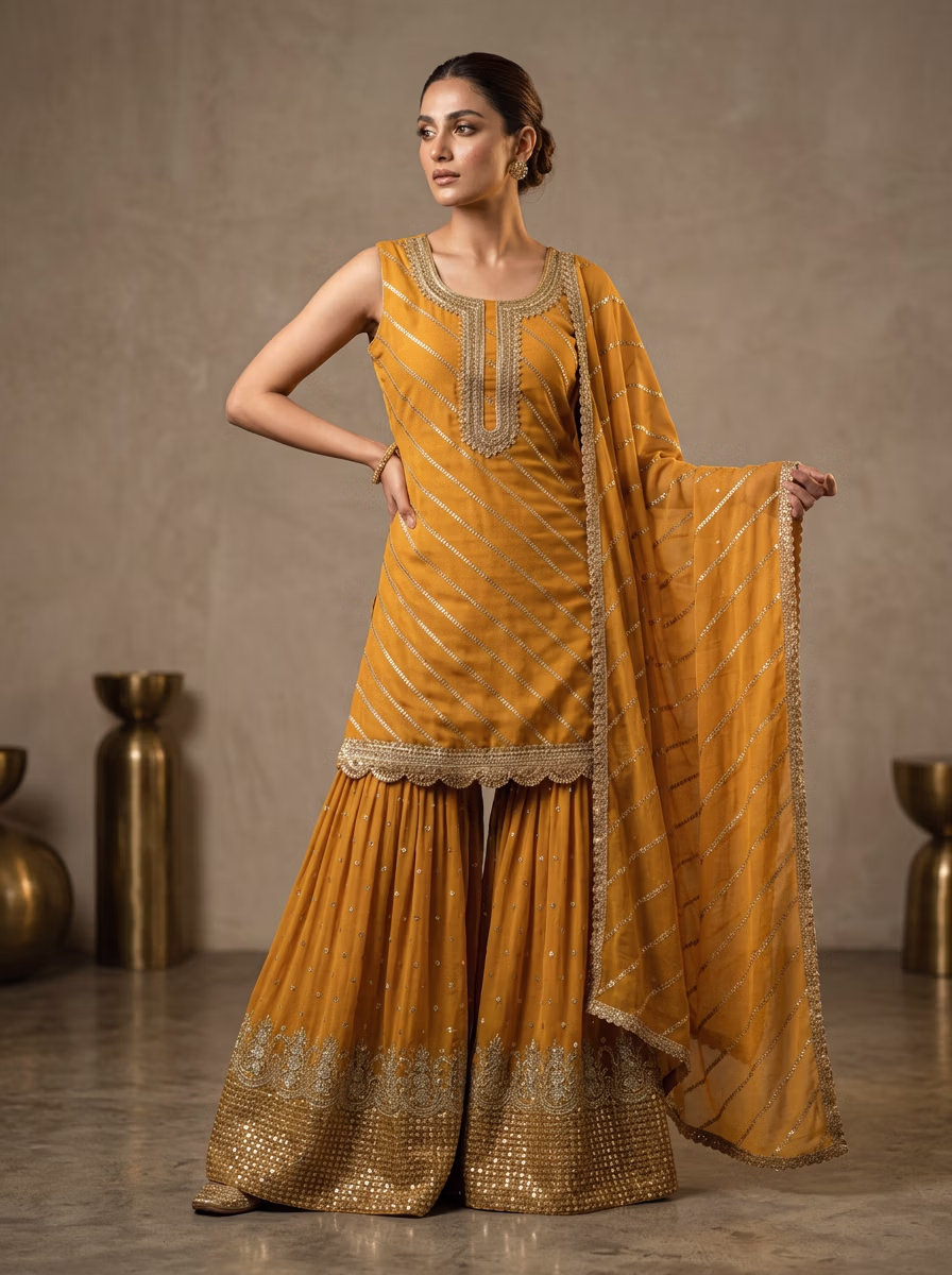 Indian Women's Sharara Garara AI virtual try-on — Sarara Gararra Indian Pakistani Tradtional fashion model photoshoot by VERA Fashion AI