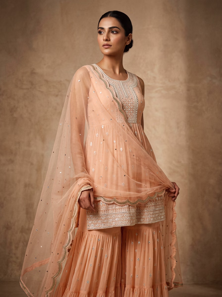 Indian Women's Sharara Garara AI virtual try-on — Sarara Gararra Indian Pakistani Tradtional fashion model photoshoot by VERA Fashion AI