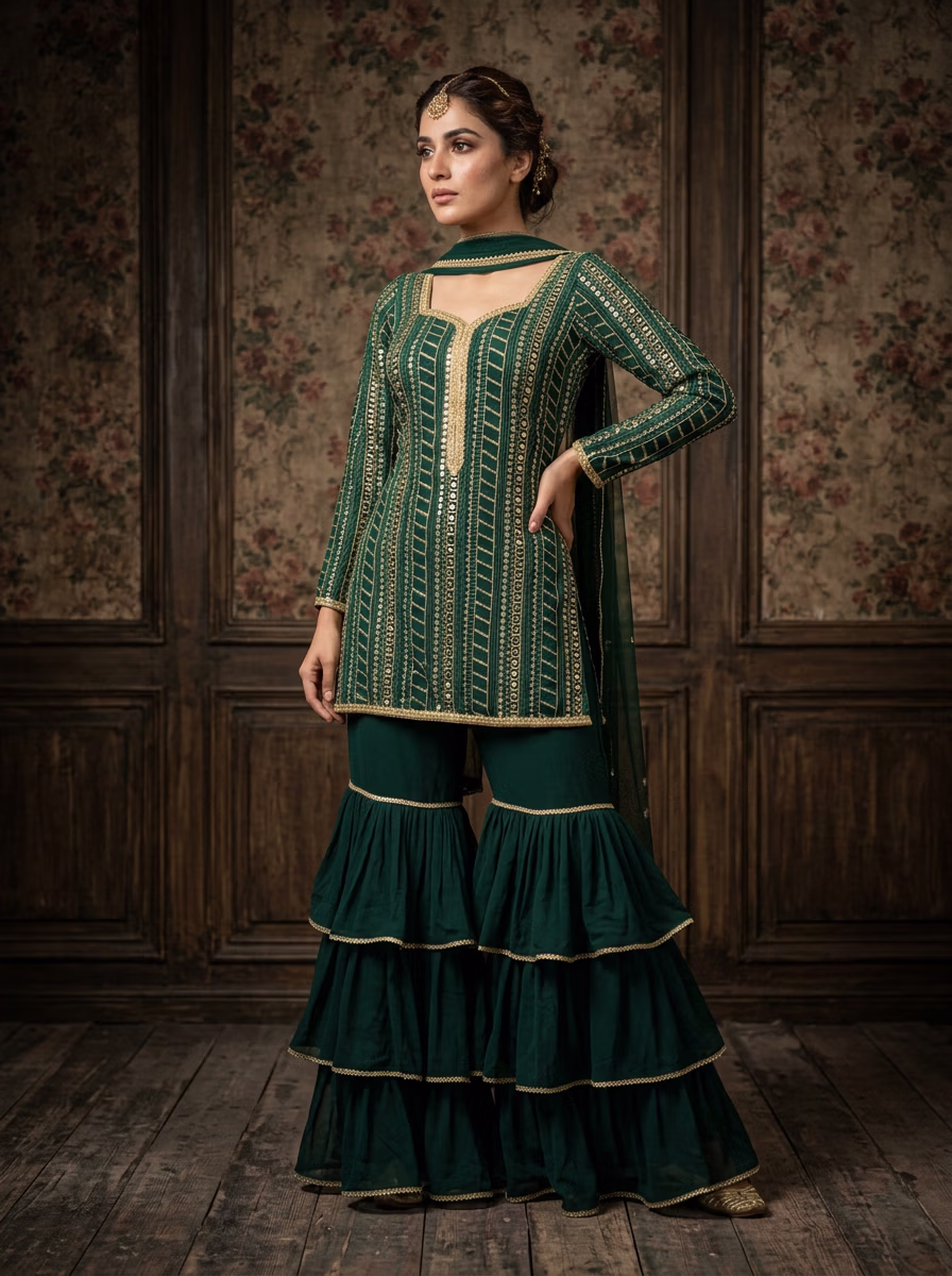 Indian Women's Sharara Garara AI virtual try-on — Sarara Gararra Indian Pakistani Tradtional fashion model photoshoot by VERA Fashion AI