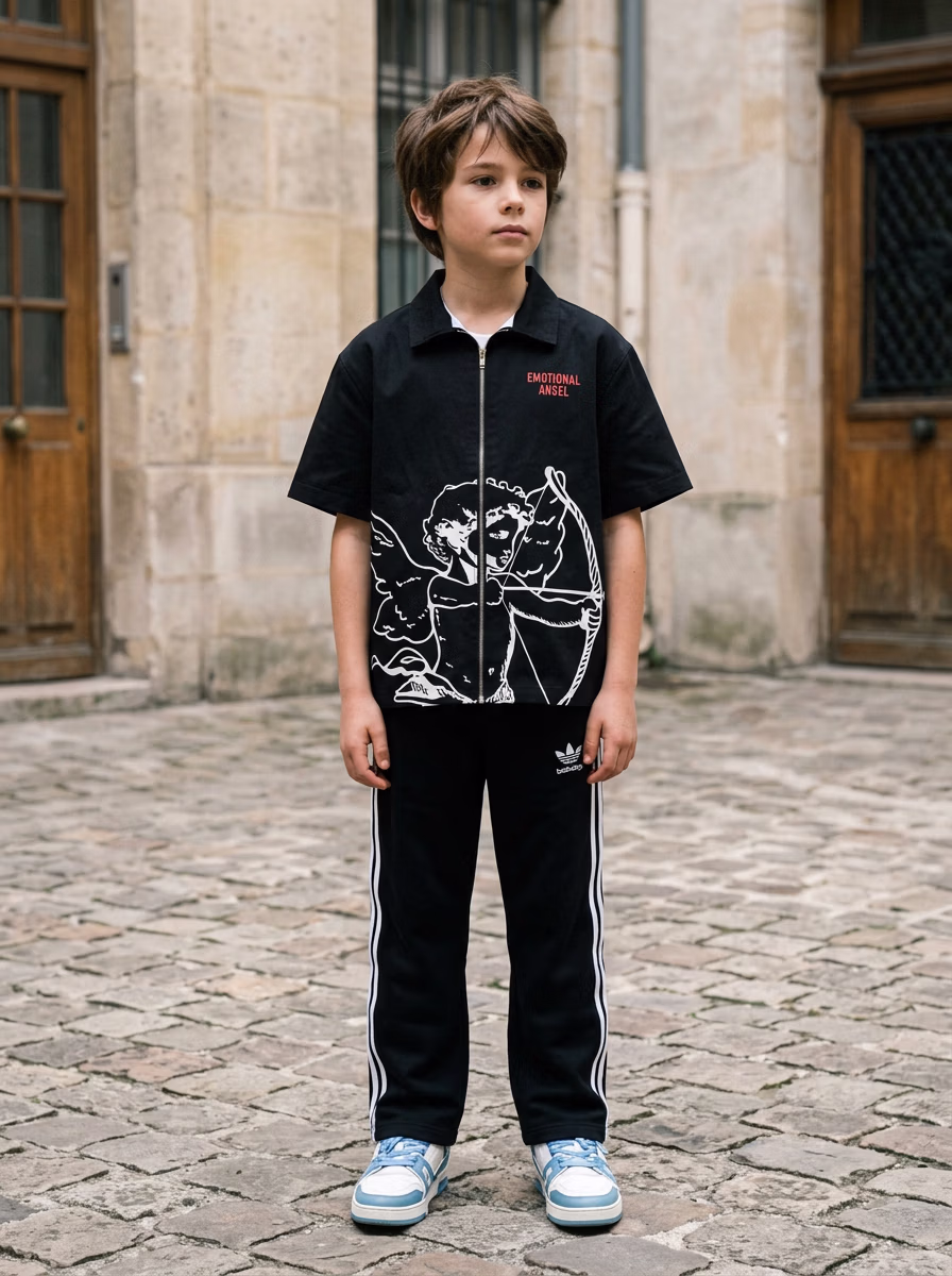 Boys' Wear AI virtual try-on — Kids Boys Zipper Shirrts Track Pants fashion model photoshoot by VERA Fashion AI