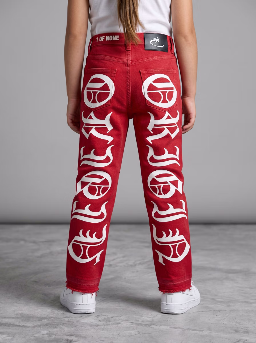 Girls' Bottom Wear AI virtual try-on — Kids Girls Denim Jeans Printed fashion model photoshoot by VERA Fashion AI