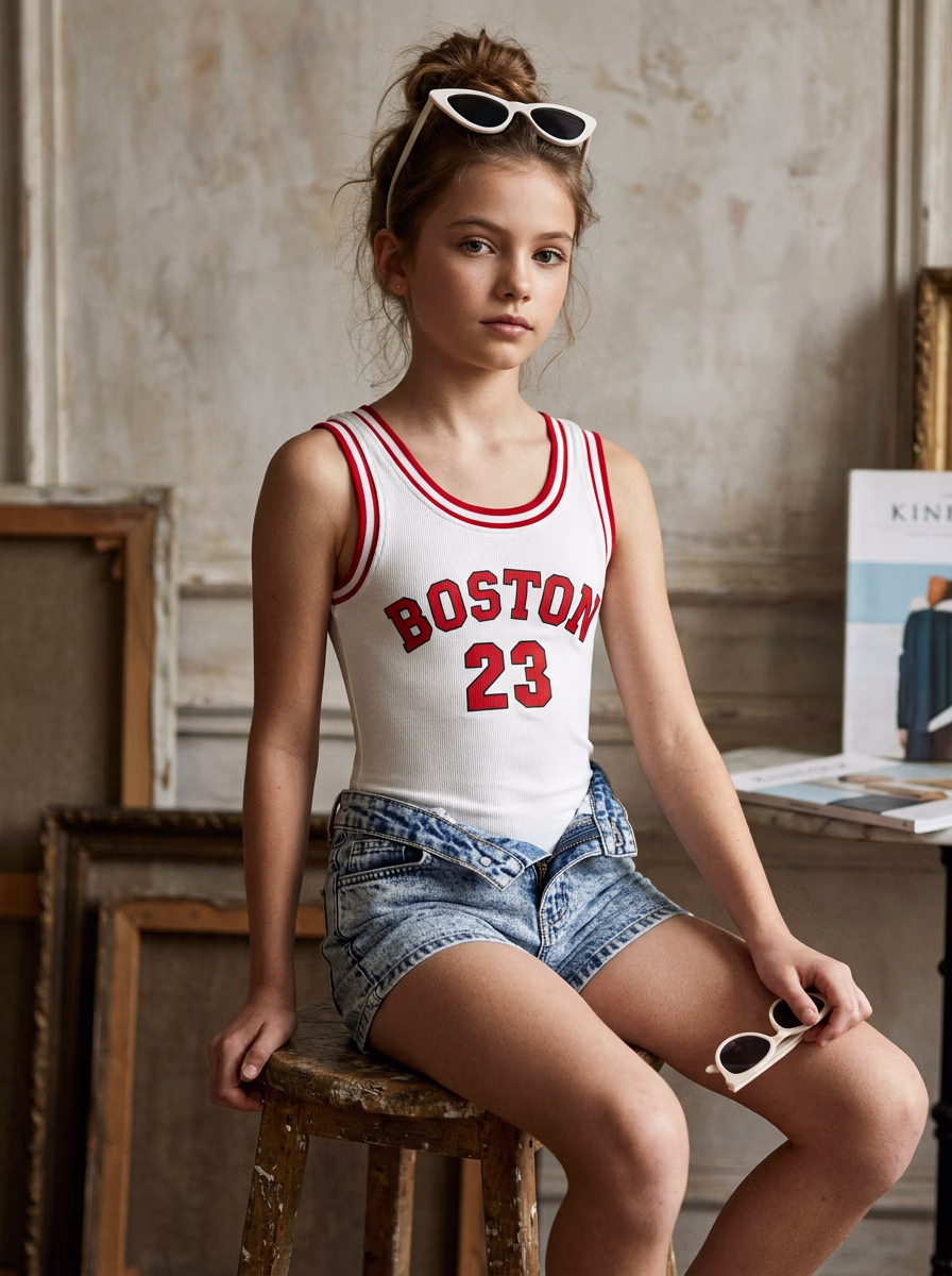 Girls' Wear AI virtual try-on — Kids Girls T-Shirt Denim Jeans Shots fashion model photoshoot by VERA Fashion AI