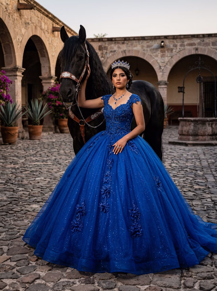 Mexican Quinceañera AI virtual try-on — Mexican Ethnic Traditional Quinceanera Dress Womens fashion model photoshoot by VERA Fashion AI