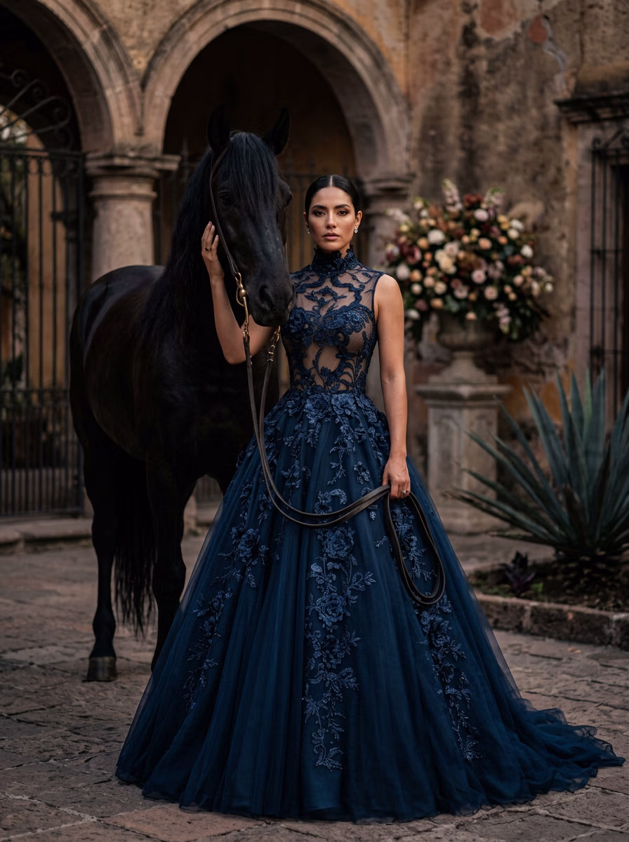 Mexican Quinceañera AI virtual try-on — Mexican Ethnic Traditional Quinceanera Dress Womens fashion model photoshoot by VERA Fashion AI