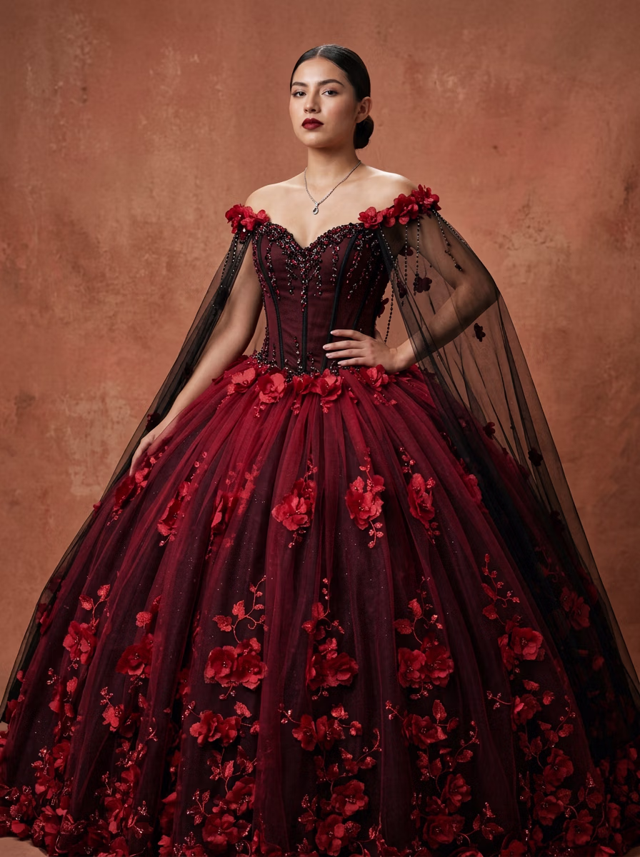 Mexican Quinceañera AI virtual try-on — Mexican Ethnic Traditional Quinceanera Dress Womens fashion model photoshoot by VERA Fashion AI