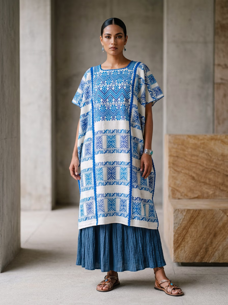 Mexican Ethnic Traditional Wear AI virtual try-on — Mexican Ethnic Traditional Huipil Pronounced Wee Peel fashion model photoshoot by VERA Fashion AI