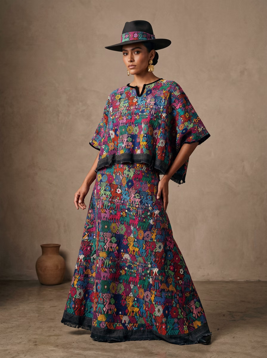Mexican Ethnic Traditional Wear AI virtual try-on — Mexican Ethnic Traditional Huipil Pronounced Wee Peel fashion model photoshoot by VERA Fashion AI