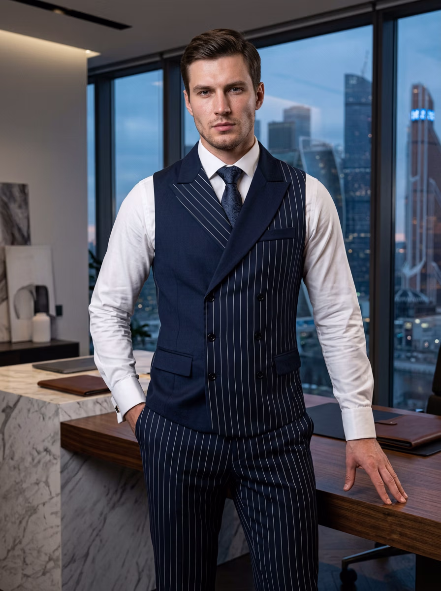 Office Wear AI virtual try-on — Business Corporate Office Men Waistcoat Pant Shirt fashion model photoshoot by VERA Fashion AI