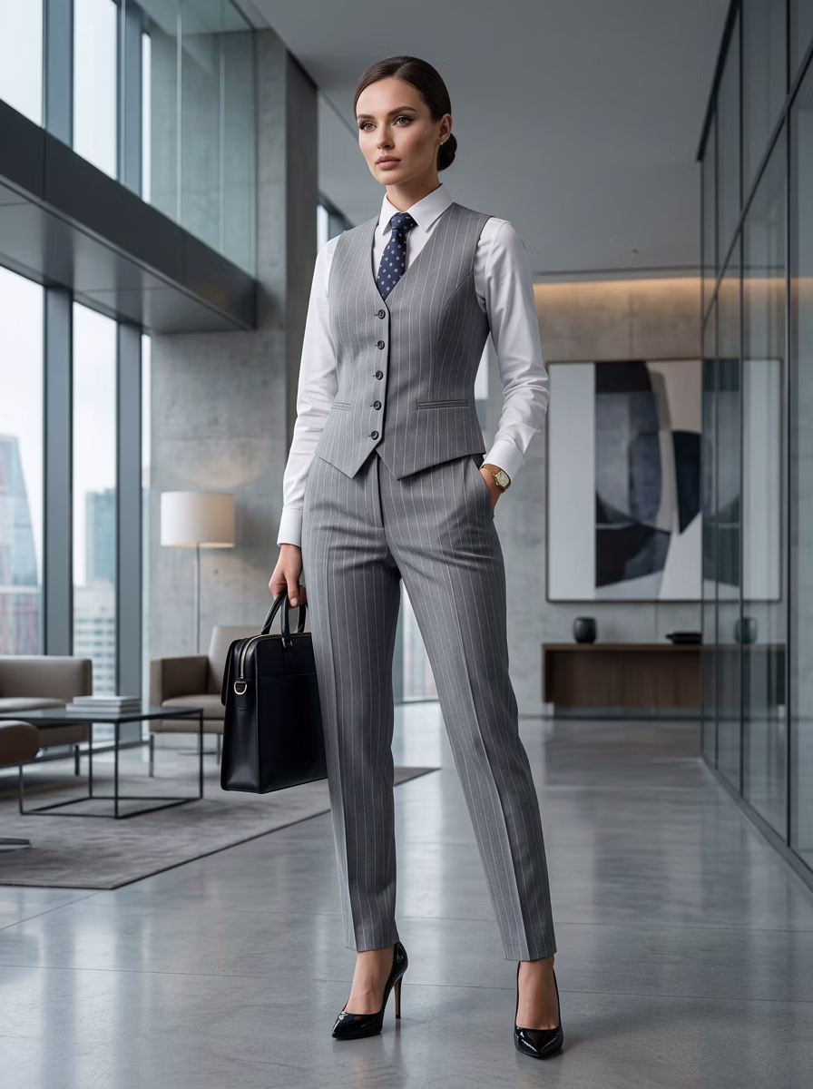 Office Wear AI virtual try-on — Business Corporate Office Women Waistcoat Shirt Pant fashion model photoshoot by VERA Fashion AI