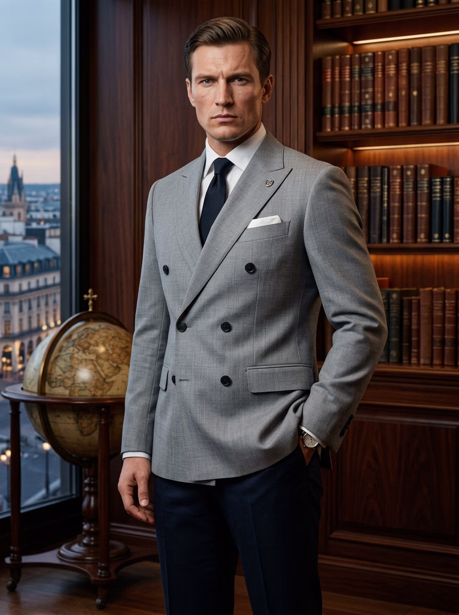 AI fashion model example — on-model business suit generated by VERA Fashion AI