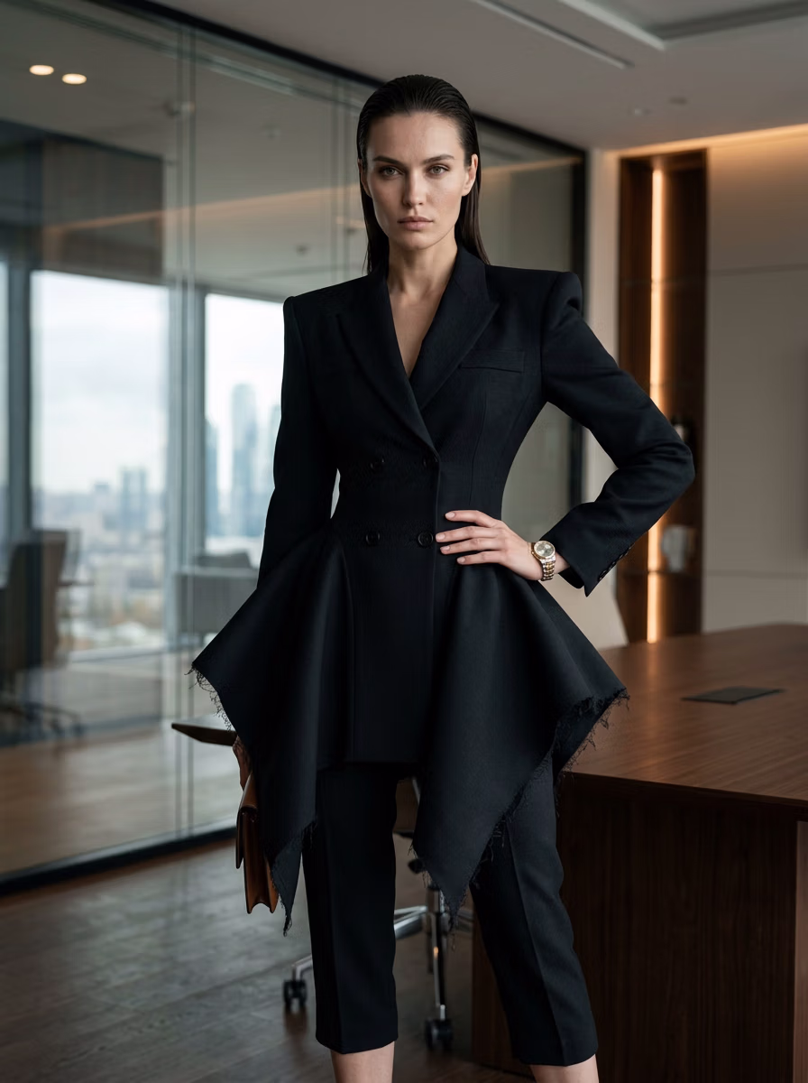 Suit and Tuxedo Suit AI virtual try-on — Professional Suit Business Woman fashion model photoshoot by VERA Fashion AI