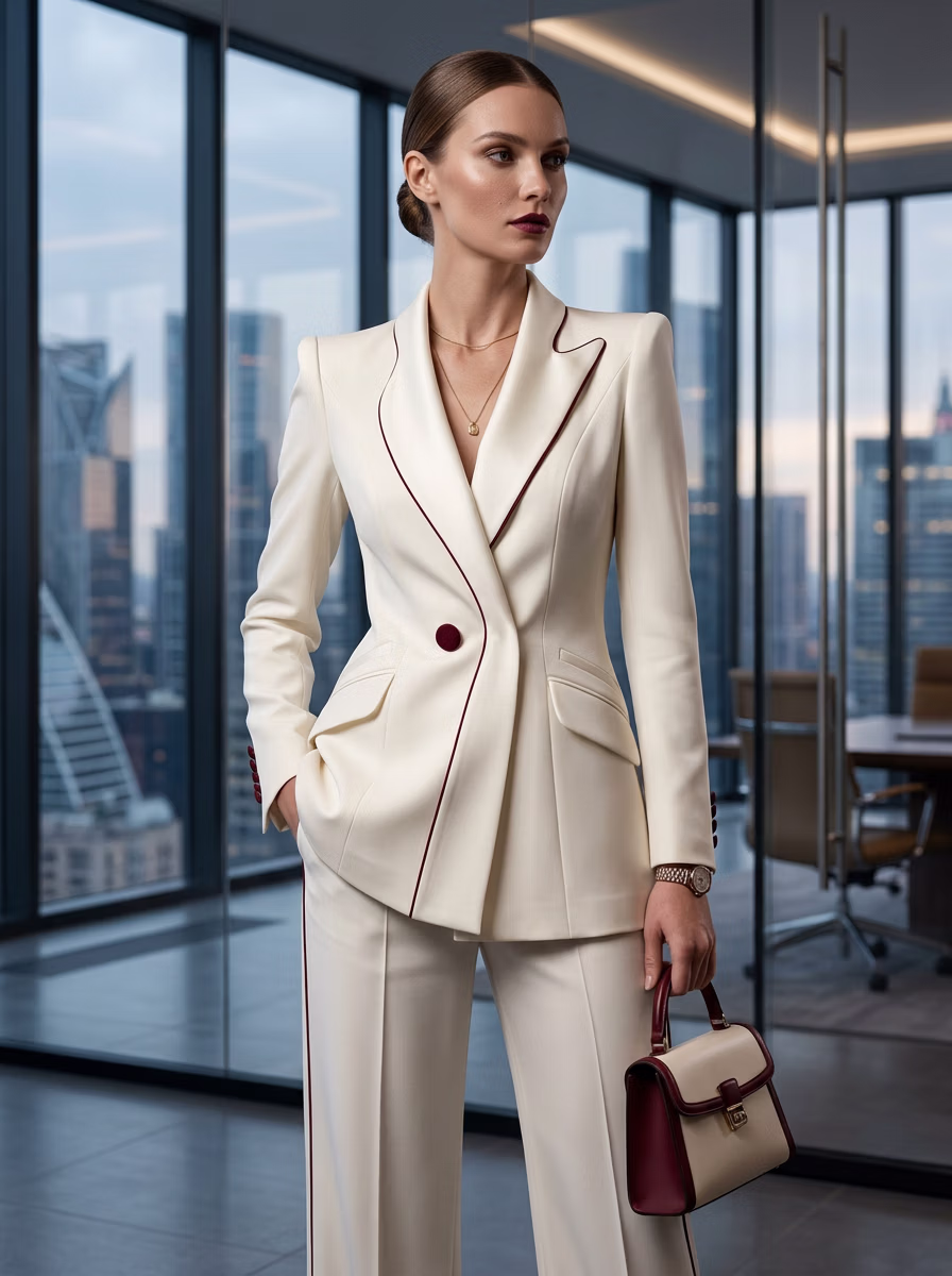 Suit and Tuxedo Suit AI virtual try-on — Professional Suit Business Woman fashion model photoshoot by VERA Fashion AI