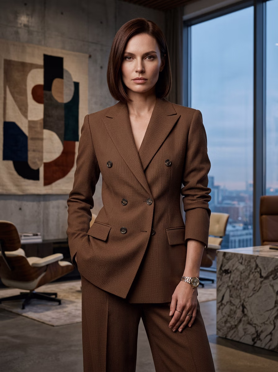 Suit and Tuxedo Suit AI virtual try-on — Professional Suit Business Woman fashion model photoshoot by VERA Fashion AI