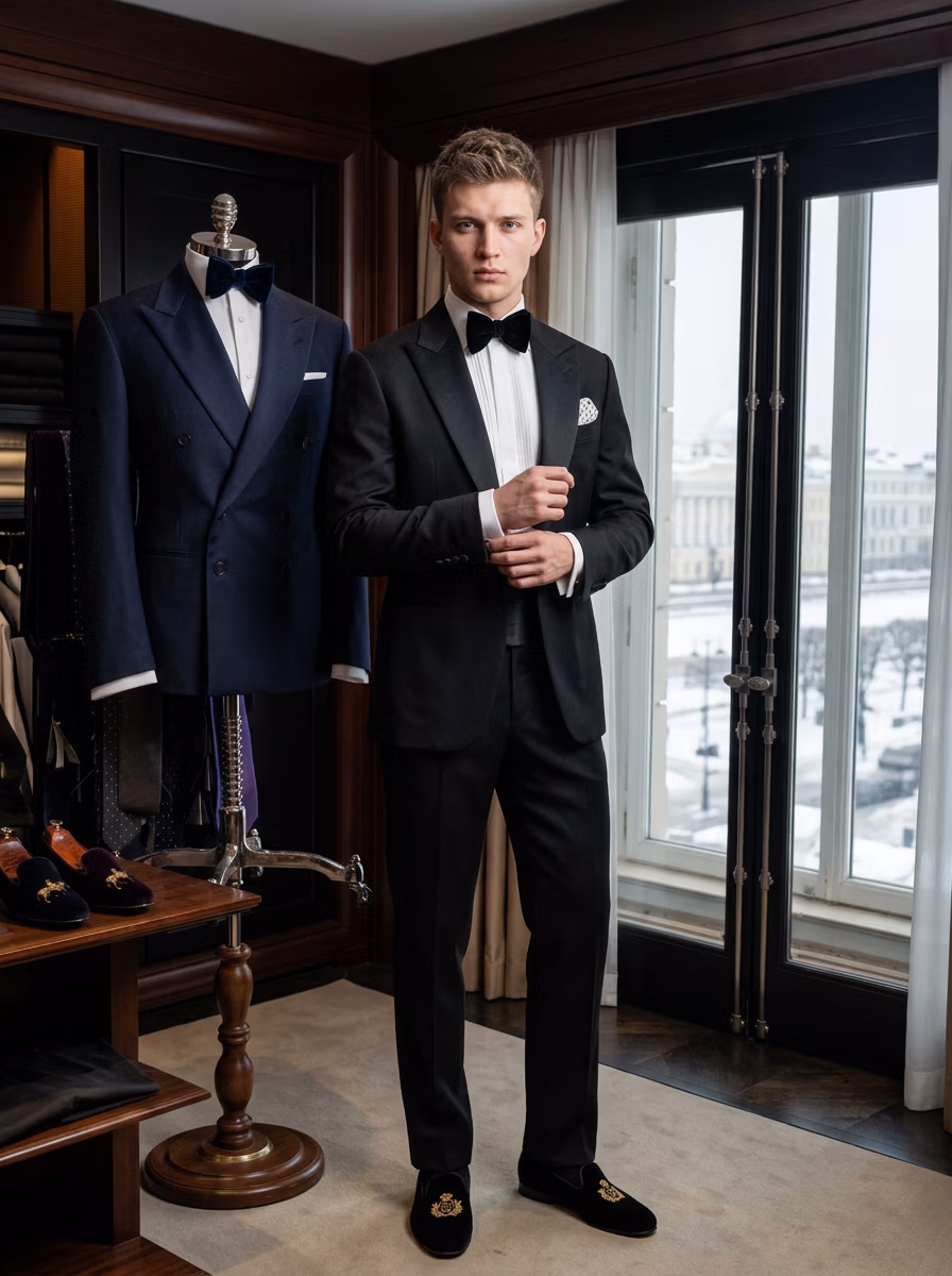 Suit and Tuxedo Suit AI virtual try-on — Professional Tuxedo Suit Business Man fashion model photoshoot by VERA Fashion AI