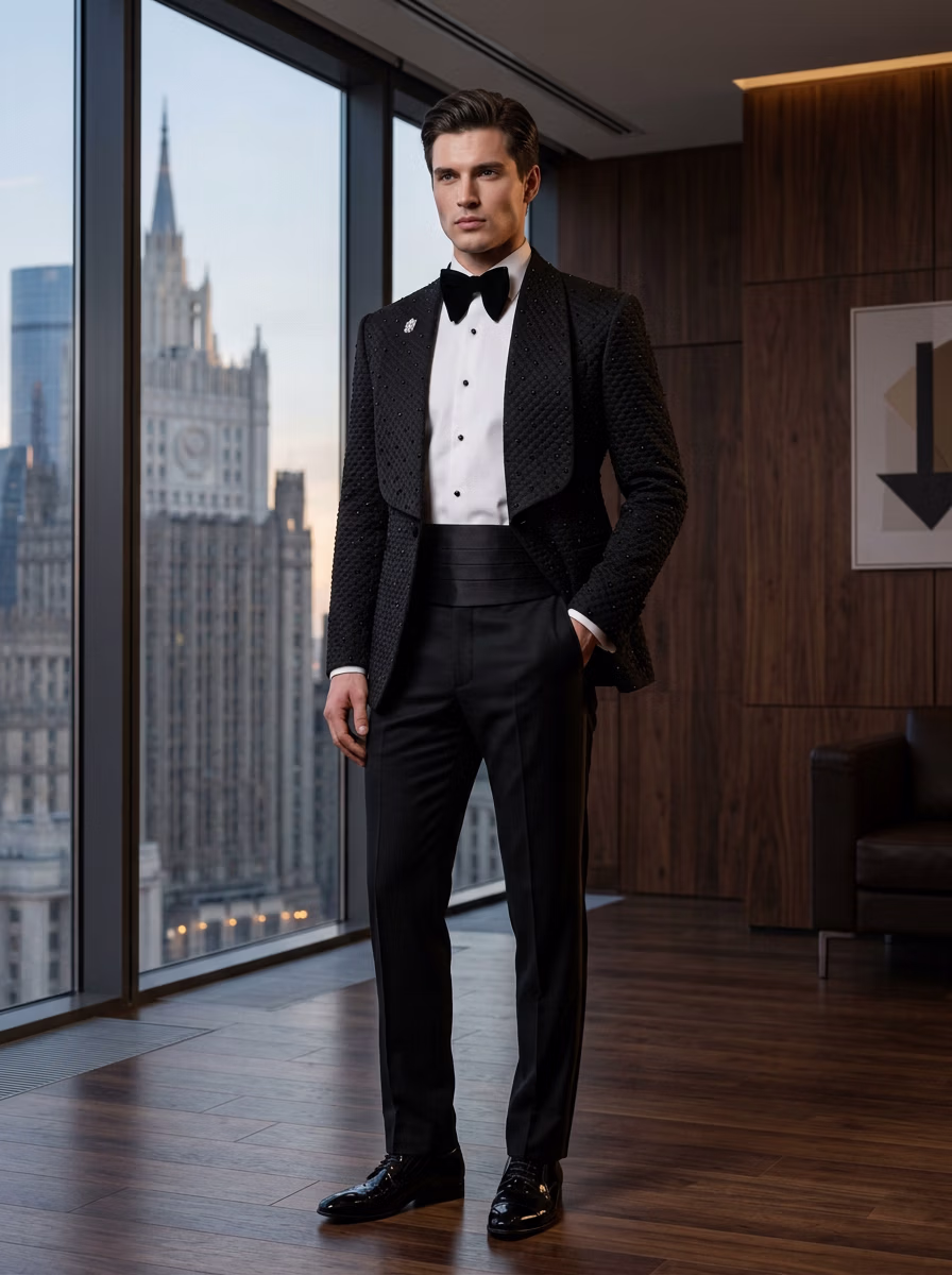 Suit and Tuxedo Suit AI virtual try-on — Professional Tuxedo Suit Business Man fashion model photoshoot by VERA Fashion AI