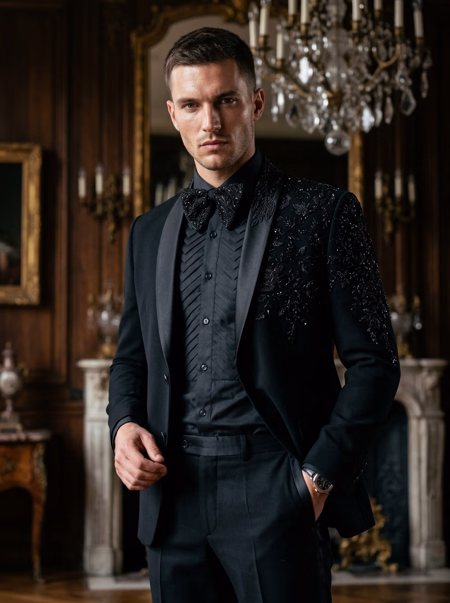 Weddings Wear AI virtual try-on — Wedding Groom Suit Western Tuxedo fashion model photoshoot by VERA Fashion AI