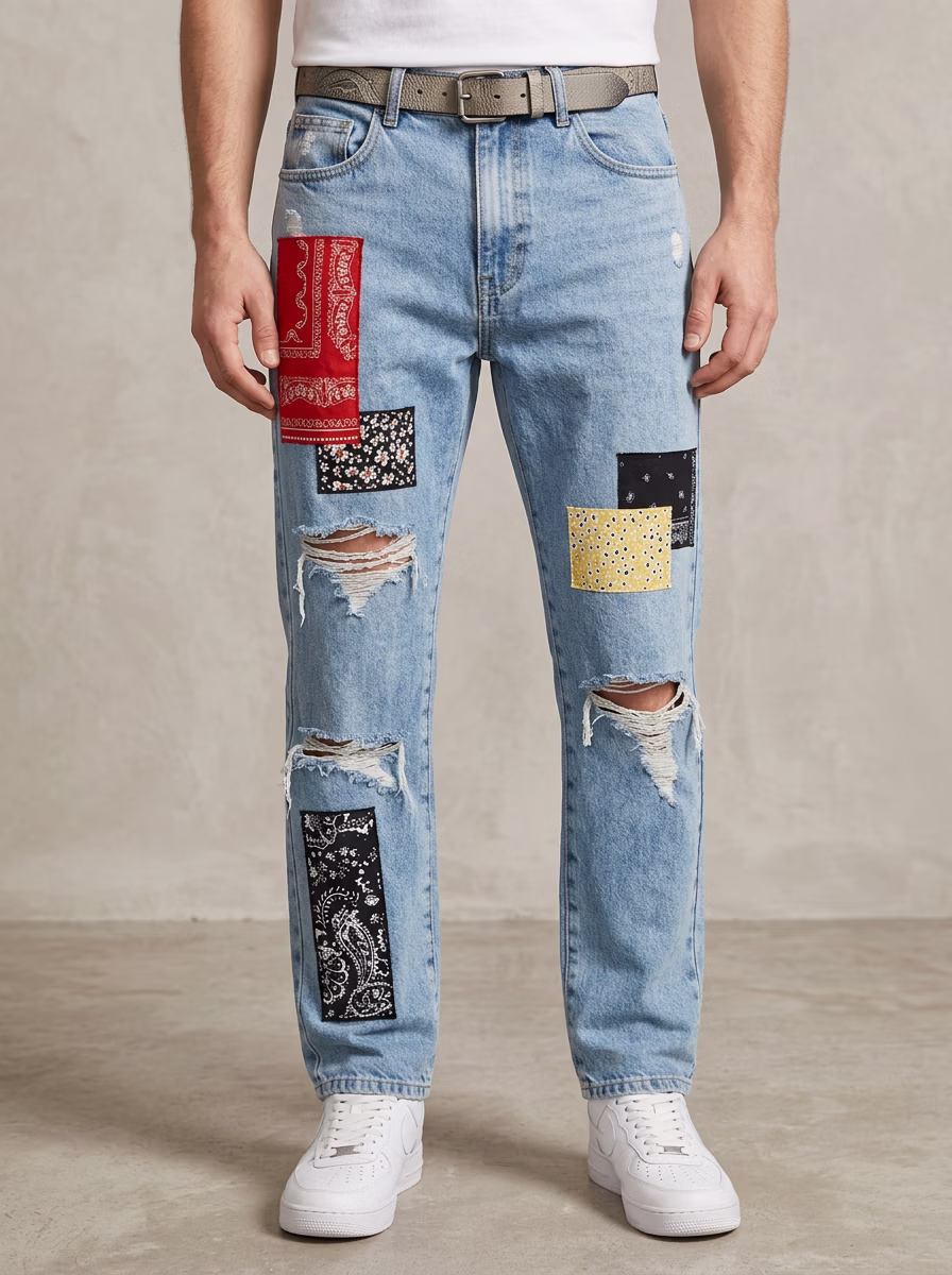 Men's Pants for Men AI virtual try-on — Custom Funky Jeans Pant fashion model photoshoot by VERA Fashion AI