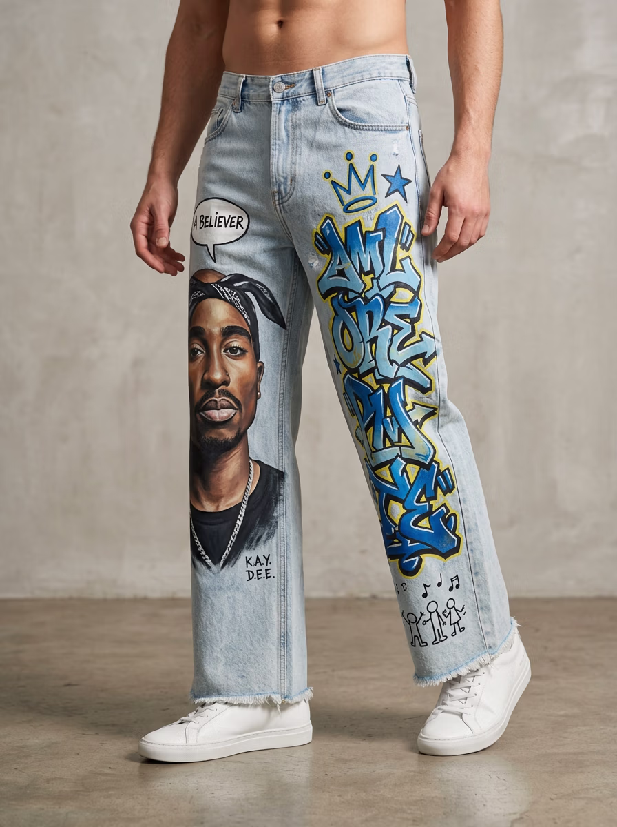 Men's Pants for Men AI virtual try-on — Custom Pinted Jeans Pant fashion model photoshoot by VERA Fashion AI
