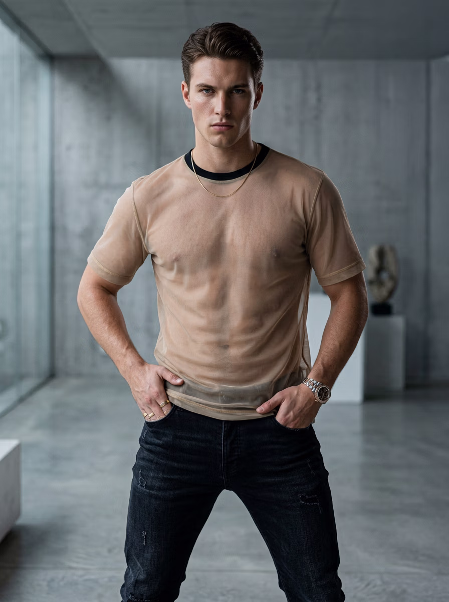 Men's T-Shirt for Men AI virtual try-on — Mens Trransperent Casual T-Shirts fashion model photoshoot by VERA Fashion AI