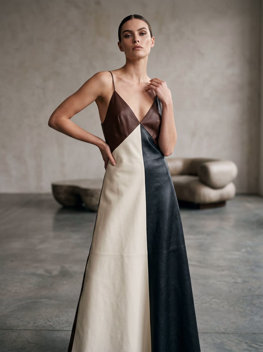 Women's Gown AI virtual try-on — Leather Gown Women fashion model photoshoot by VERA Fashion AI