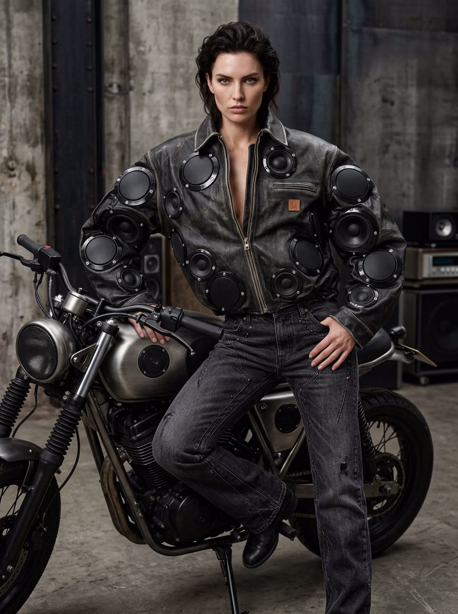Women's Jackets AI virtual try-on — Women's Biker Leather Jacket fashion model photoshoot by VERA Fashion AI