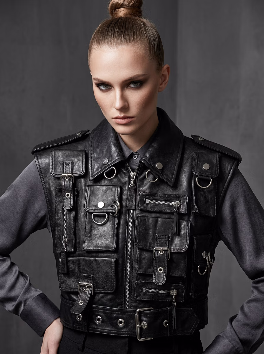 Women's Jackets AI virtual try-on — Women's Biker Leather Jacket fashion model photoshoot by VERA Fashion AI