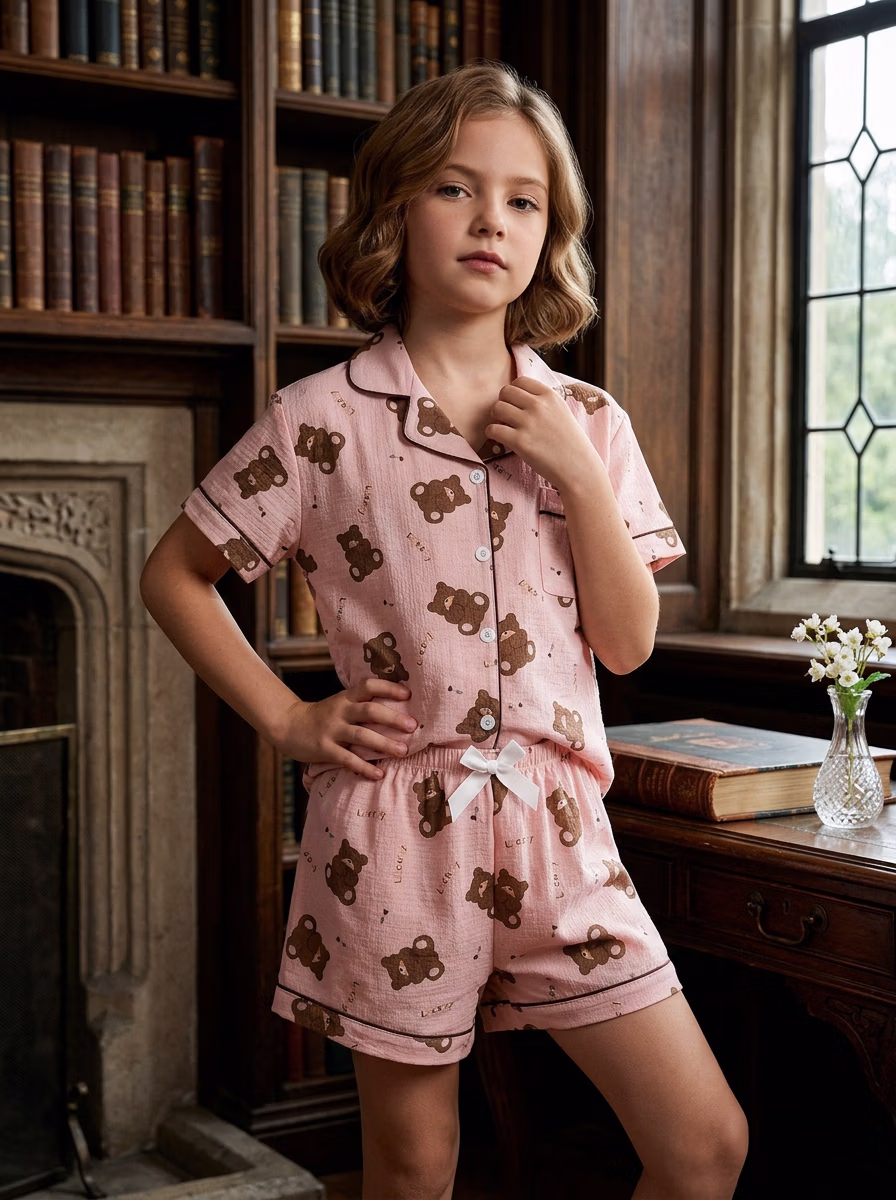 Women's Night Wear AI virtual try-on — Kids's Girls Sleepwear Halfpant Pajamas fashion model photoshoot by VERA Fashion AI