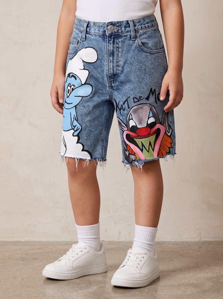 Women's Shorts AI virtual try-on — Kids's Girls Denim Jeans Shorts Dress fashion model photoshoot by VERA Fashion AI
