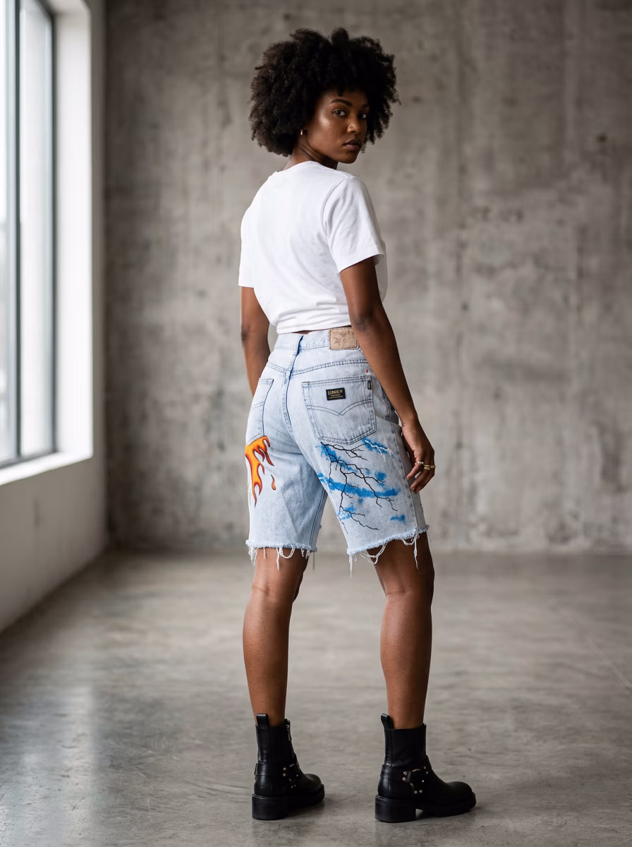 Women's Shorts AI virtual try-on — Women's Denim Jeans Shorts Dress fashion model photoshoot by VERA Fashion AI