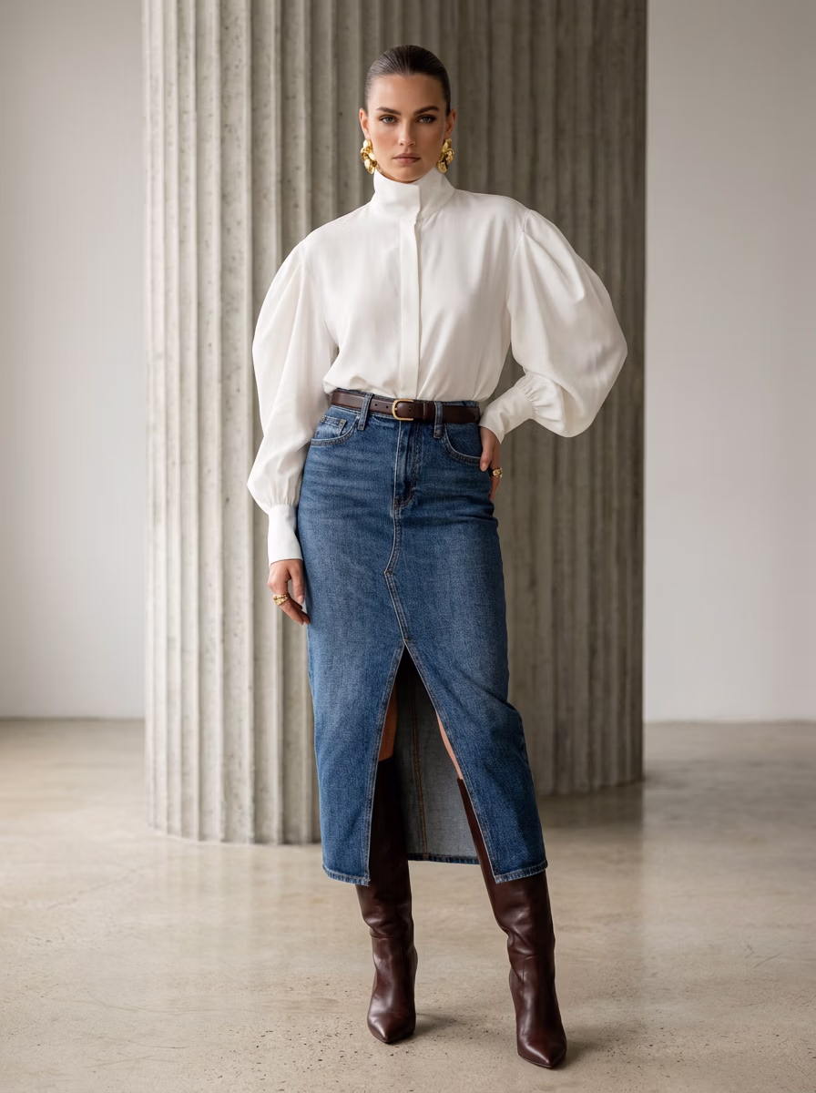 Women's Skirts AI virtual try-on — Jeans Straight Silhouette Denim Skirt fashion model photoshoot by VERA Fashion AI