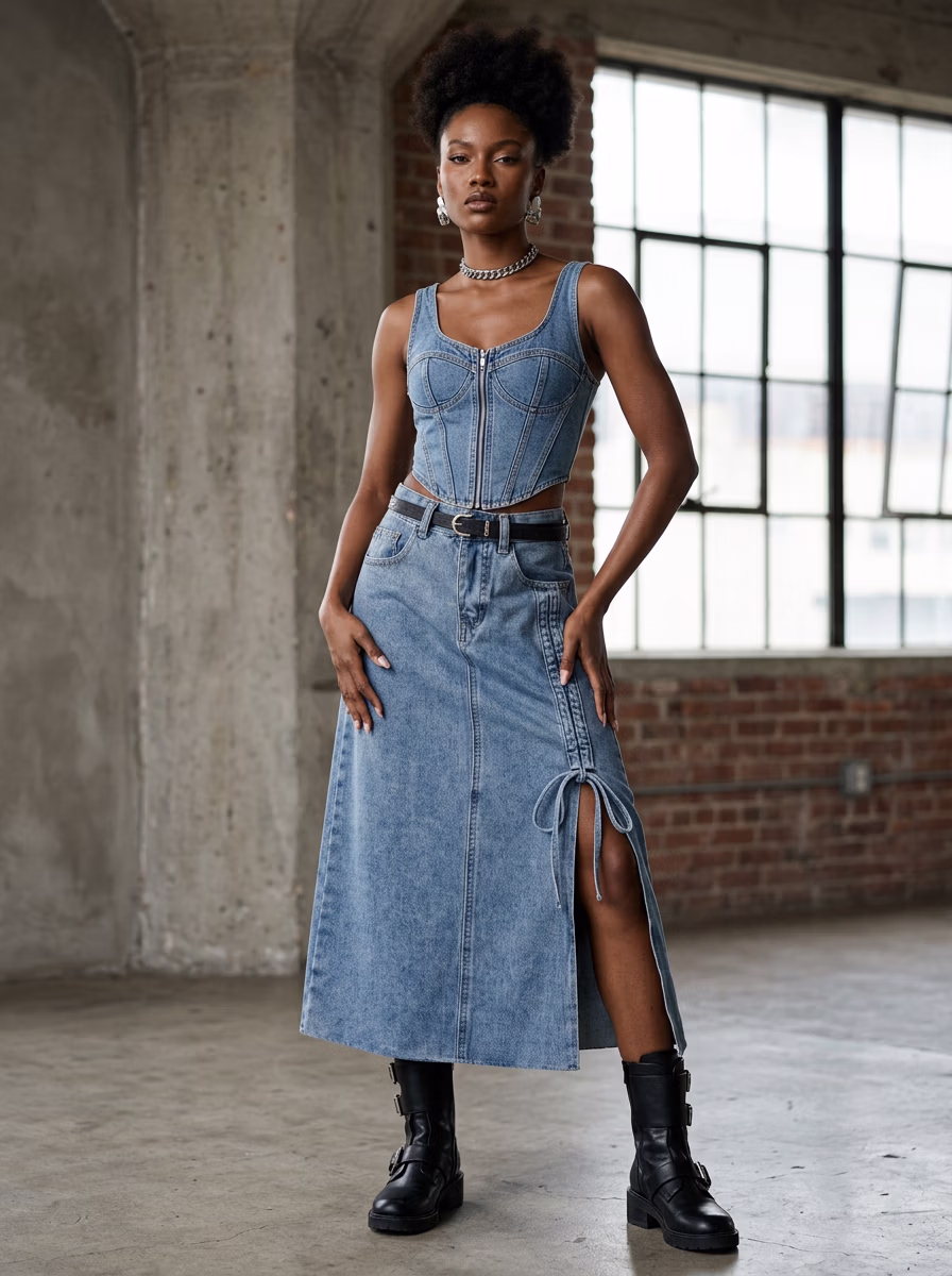 Women's Skirts AI virtual try-on — Women's Drawstring Slit Side Denim Skirt fashion model photoshoot by VERA Fashion AI