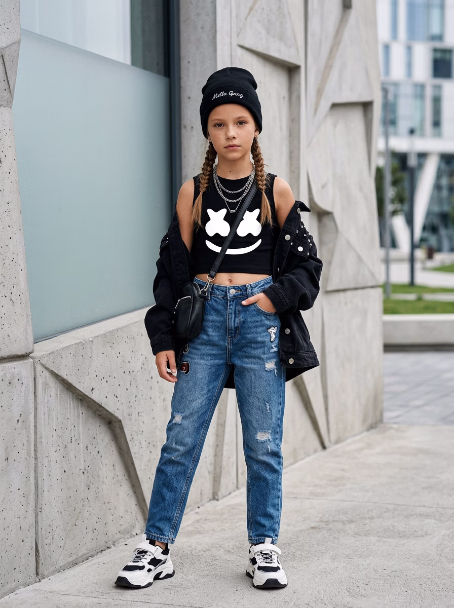 Women's T-Shirts AI virtual try-on — Kids's Girls Casual Fashion T-Shirts Cotton Long fashion model photoshoot by VERA Fashion AI