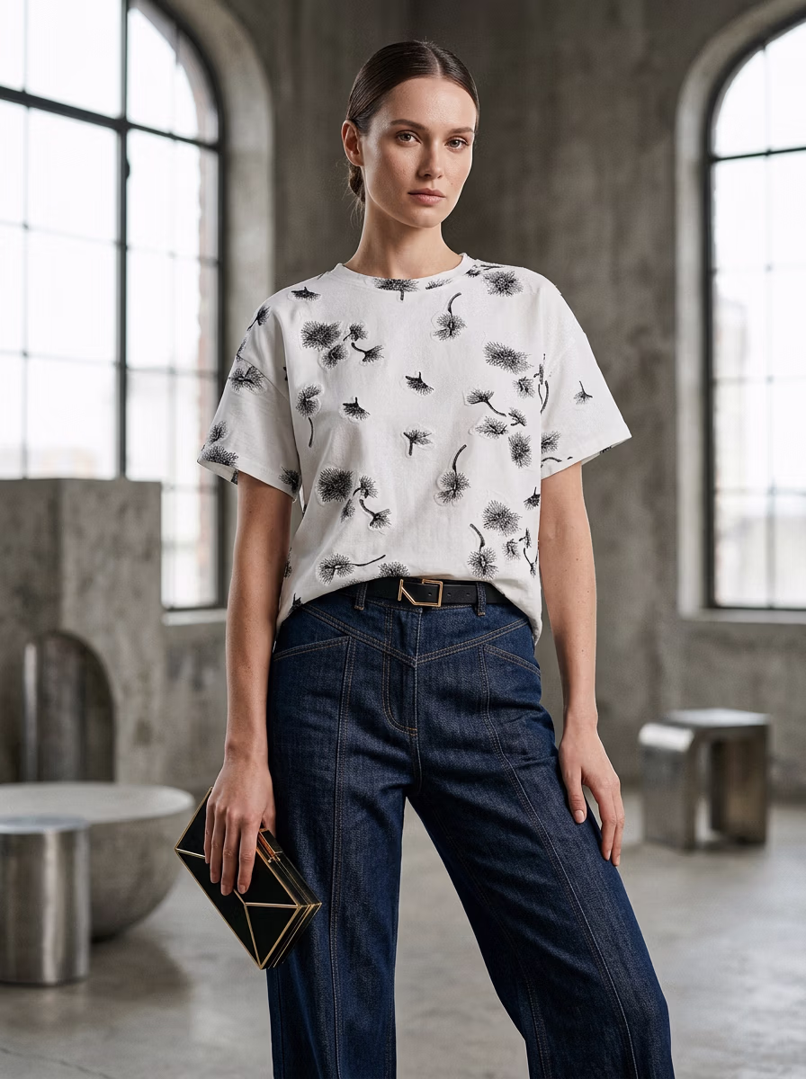 Women's T-Shirts AI virtual try-on — Women's Casual Fashion T-Shirts Cotton fashion model photoshoot by VERA Fashion AI